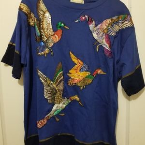 Appliqued beaded womens top, birds design, Large